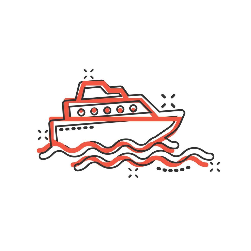 Tourism ship icon in comic style. Fishing boat cartoon vector illustration on white isolated background. Tanker destination splash effect business concept.