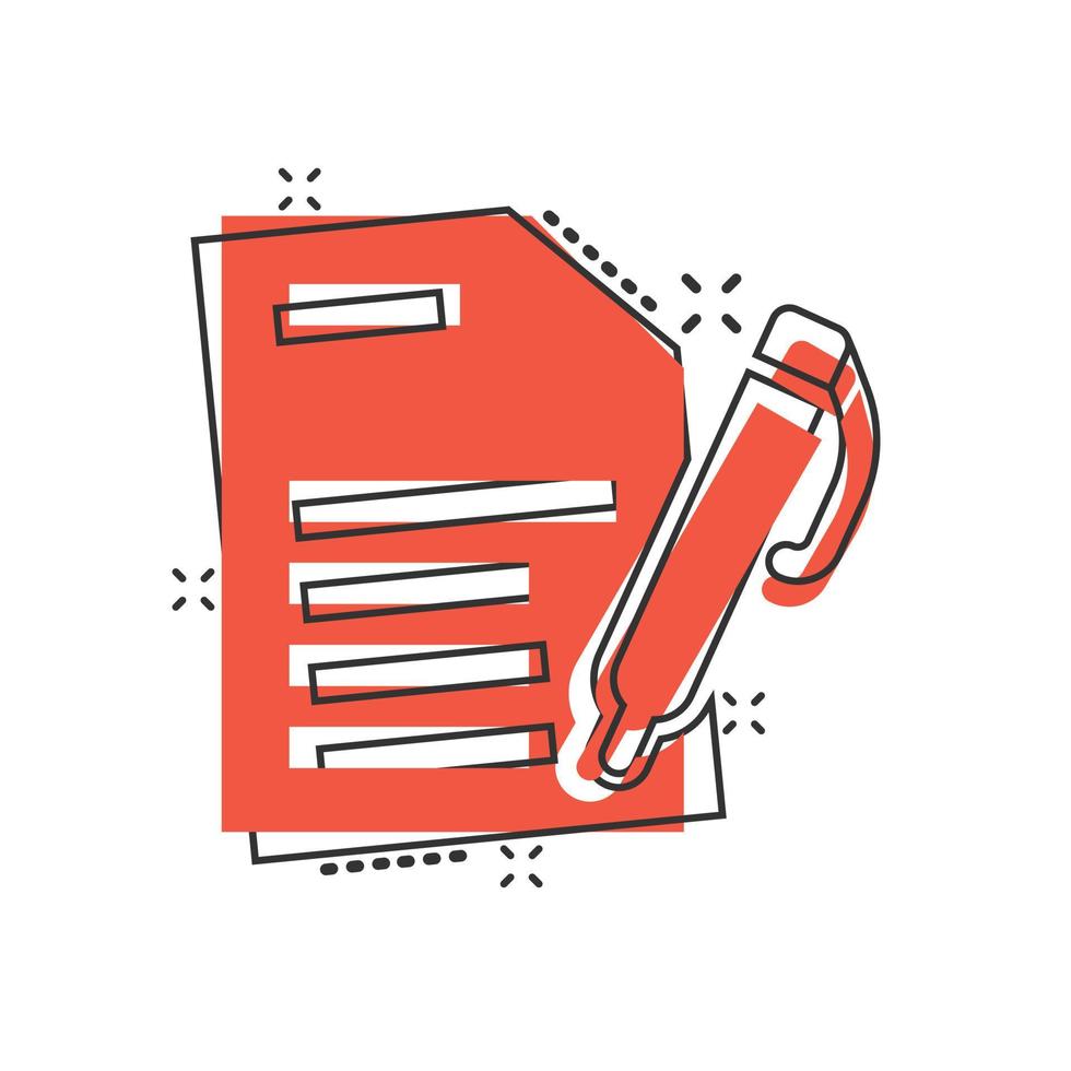 Blogging icon in comic style. Document with pen cartoon vector illustration on white isolated background. Content splash effect business concept.