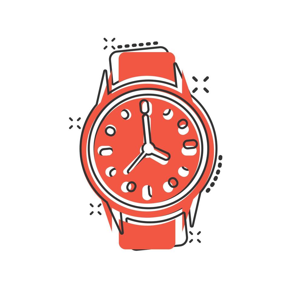 Wrist watch icon in comic style. Hand clock cartoon vector illustration on white isolated background. Time bracelet splash effect business concept.