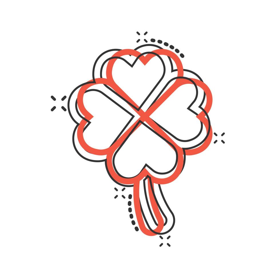 Four leaf clover icon in comic style. St Patricks Day cartoon vector illustration on white isolated background. Flower shape splash effect business concept.