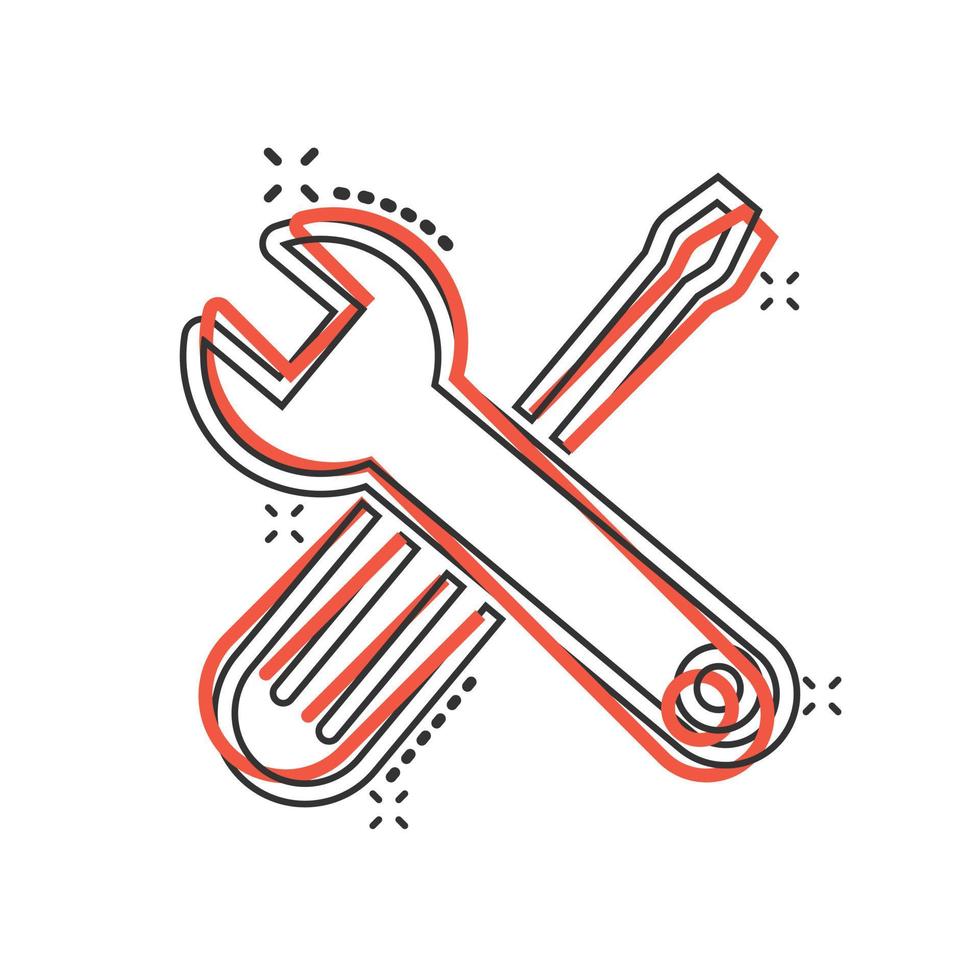 Wrench and screwdriver icon in comic style. Spanner key cartoon vector illustration on white isolated background. Repair equipment splash effect business concept.