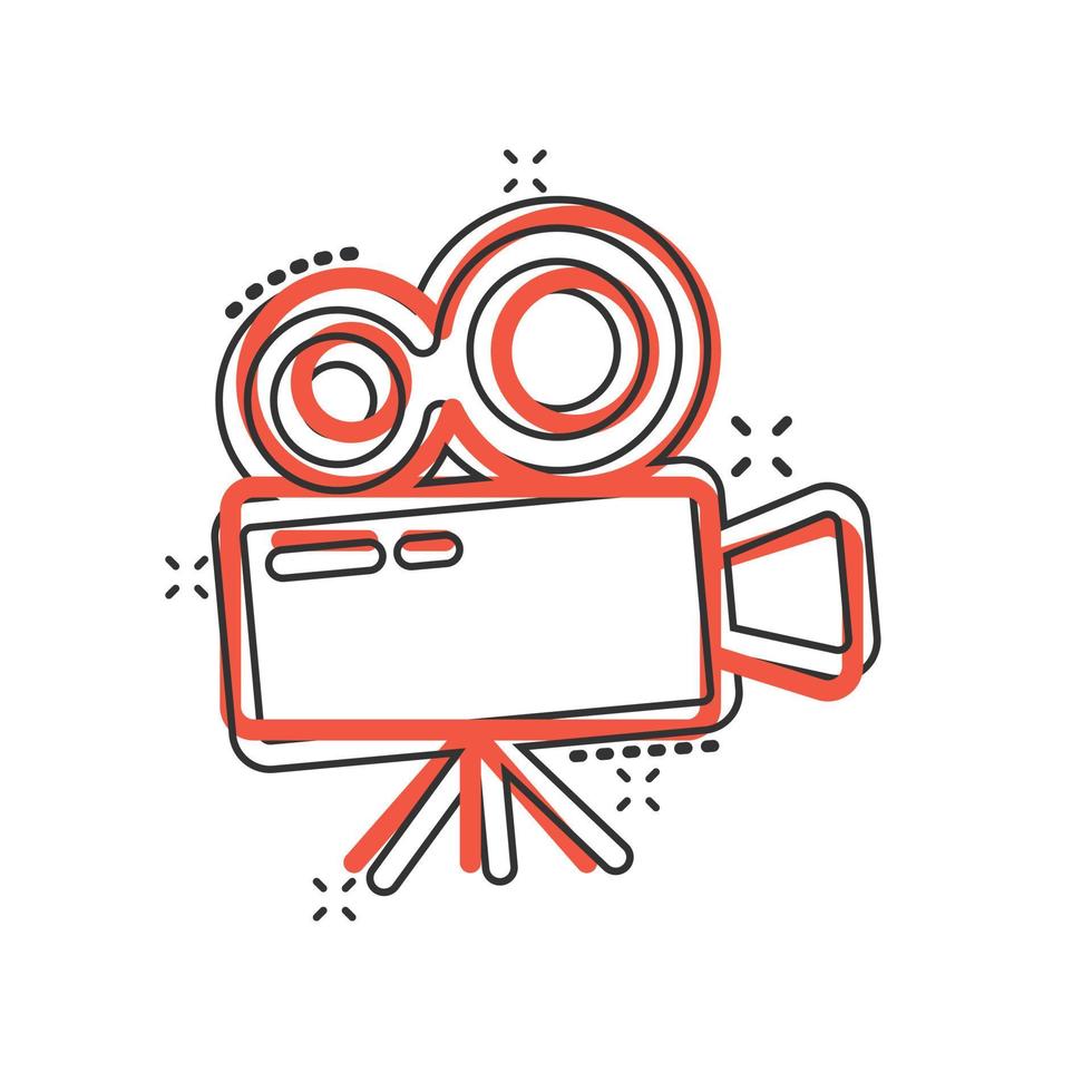 Projector icon in comic style. Cinema camera cartoon vector illustration on white isolated background. Movie splash effect business concept.