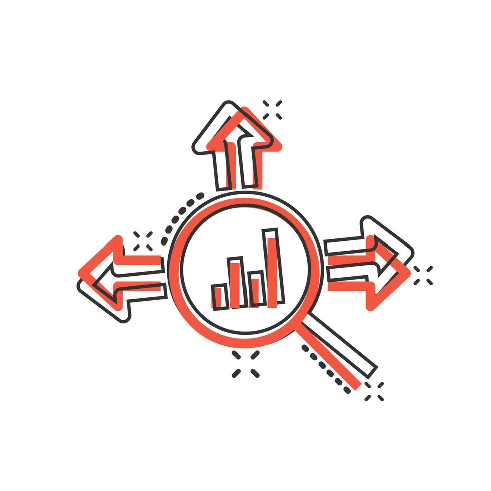 Market trend icon in comic style. Growth arrow with magnifier cartoon vector illustration on white isolated background. Increase splash effect business concept.