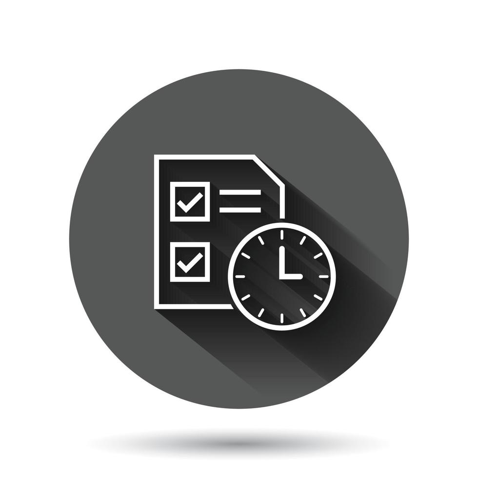 Contract time icon in flat style. Document with clock vector illustration on black round background with long shadow effect. Deadline circle button business concept.