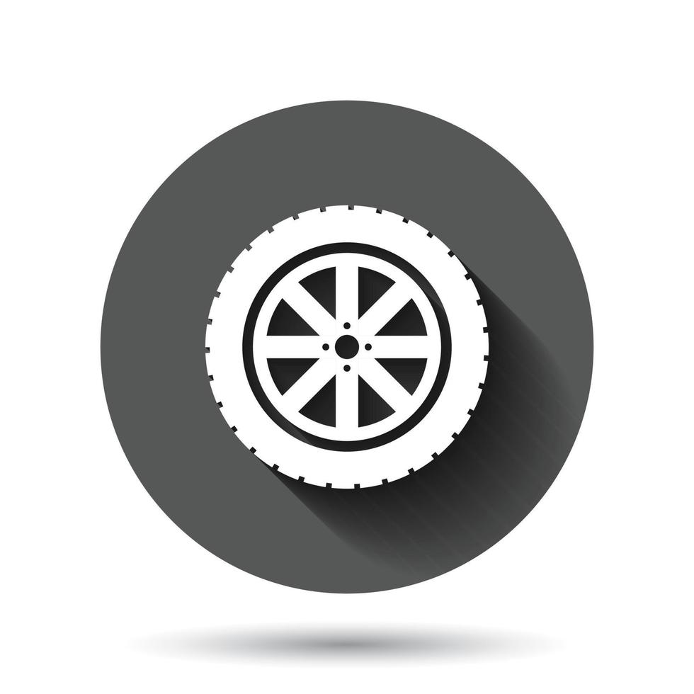 Car wheel icon in flat style. Vehicle part vector illustration on black round background with long shadow effect. Tyre circle button business concept.