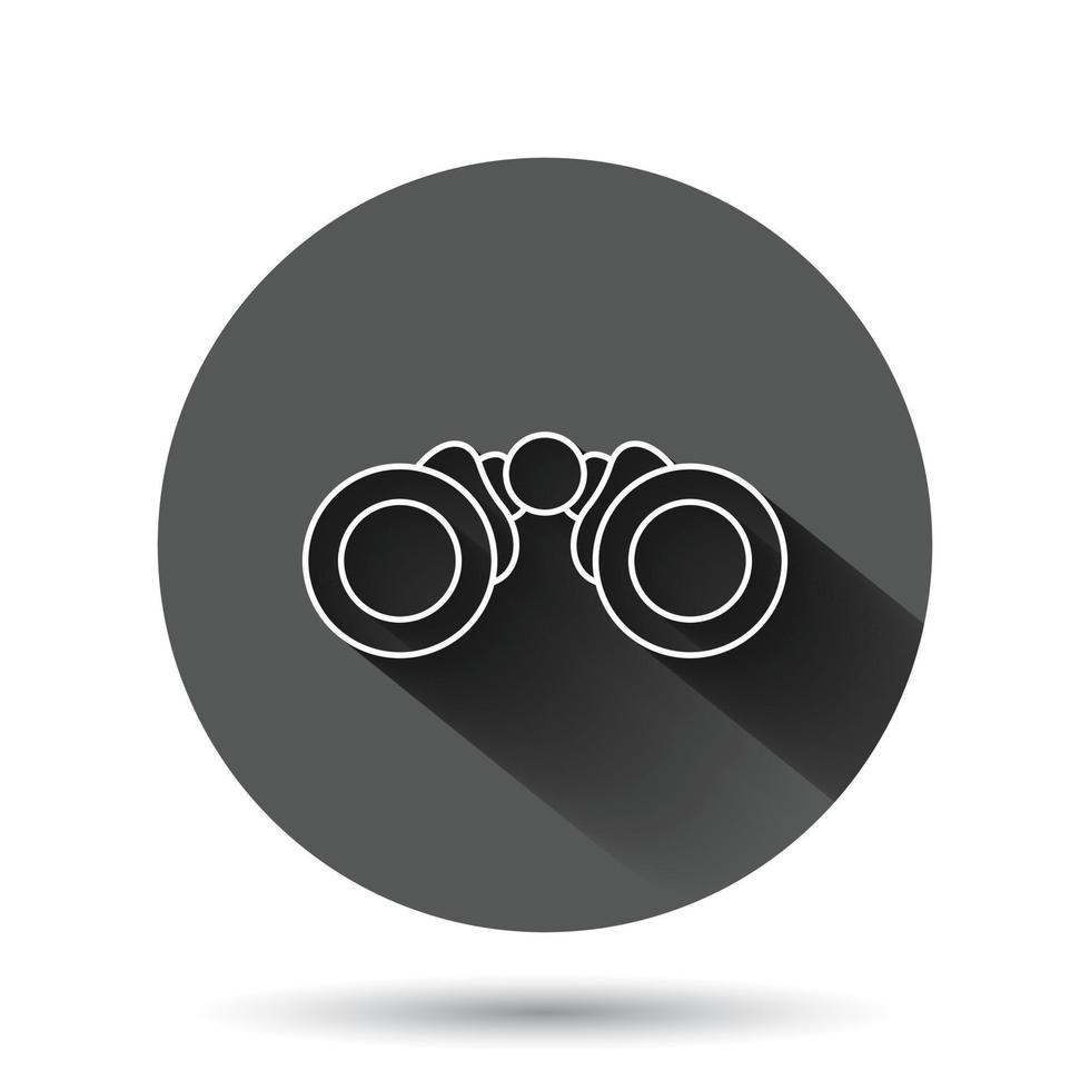 Binocular icon in flat style. Search vector illustration on black round background with long shadow effect. Zoom circle button business concept.