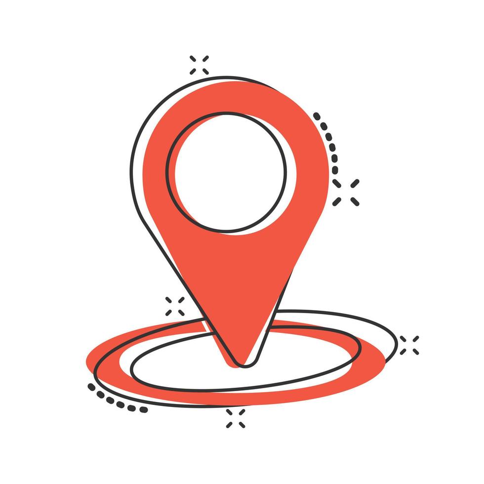Map pin icon in comic style. Gps navigation cartoon vector illustration on white isolated background. Locate position splash effect business concept.