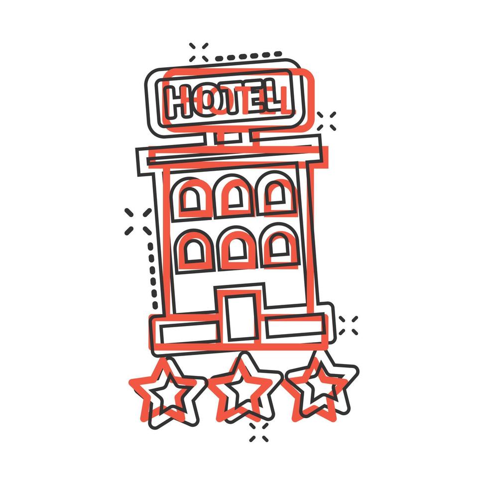 icono de signo de hotel 3 estrellas en estilo cómico. Posada edificio ilustración vectorial de dibujos animados sobre fondo blanco aislado. concepto de negocio de efecto de salpicadura de habitación de albergue. vector