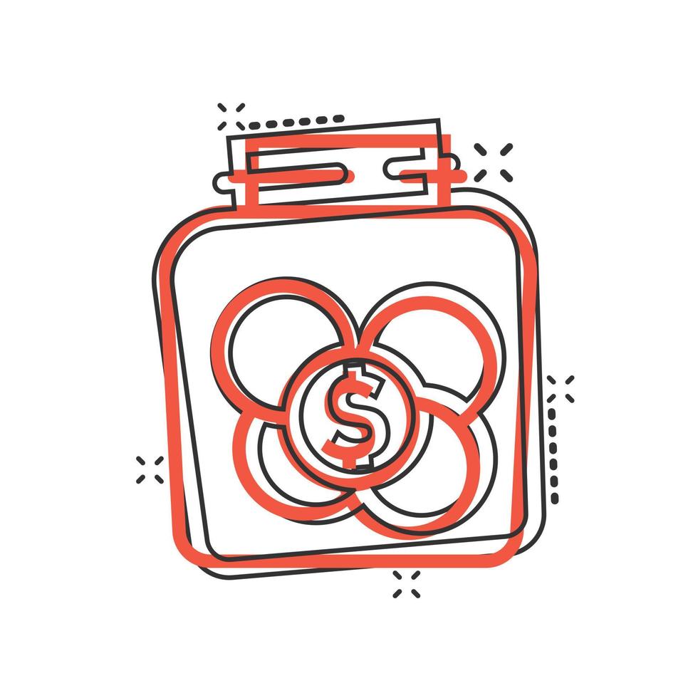 Money box icon in comic style. Coin jar container cartoon vector illustration on white isolated background. Donation moneybox splash effect business concept.