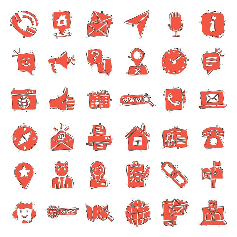 Contact us icon set in comic style. Mobile communication cartoon vector illustration on white isolated background. Phone call splash effect business concept.