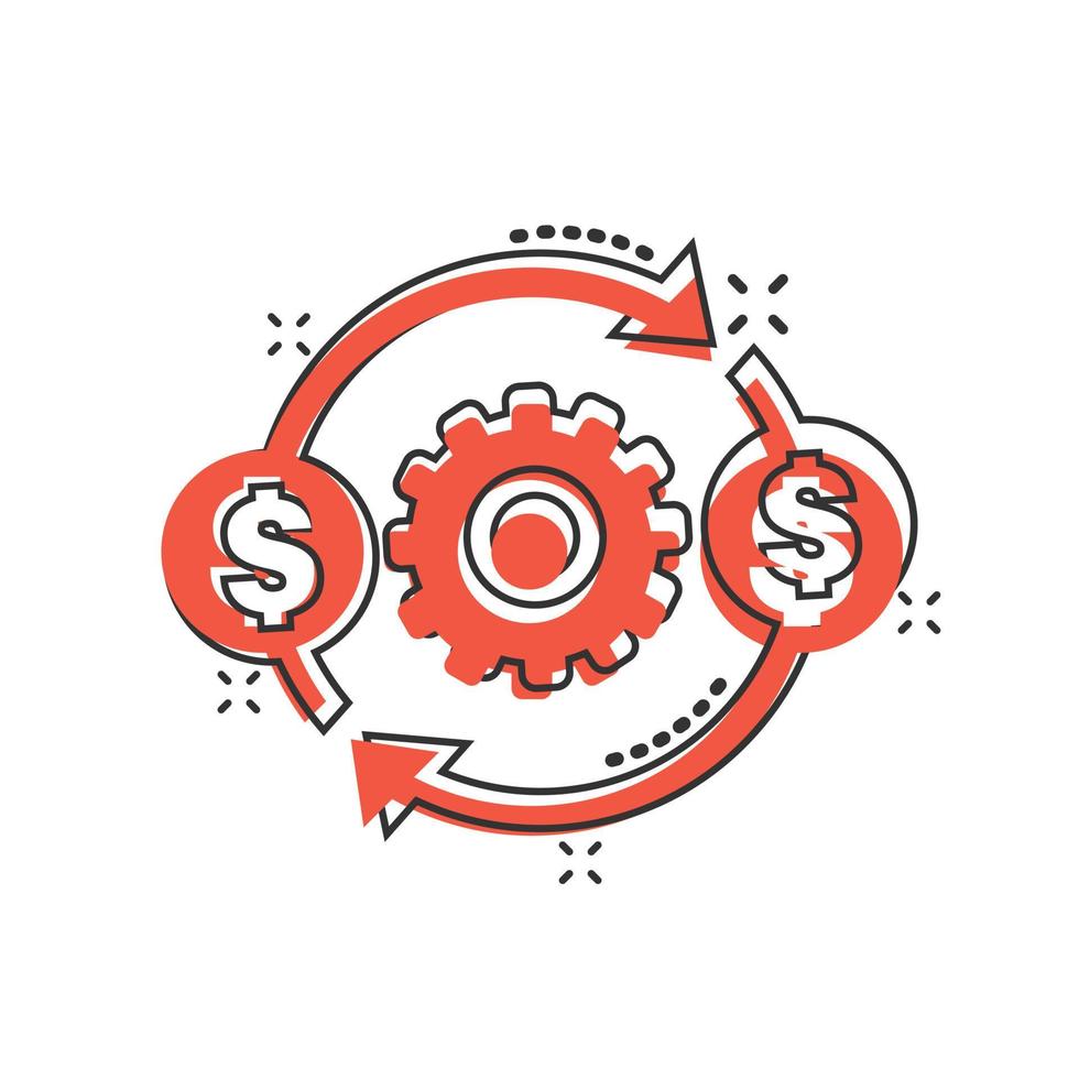 Money optimization icon in comic style. Gear effective cartoon vector illustration on white isolated background. Finance process splash effect business concept.