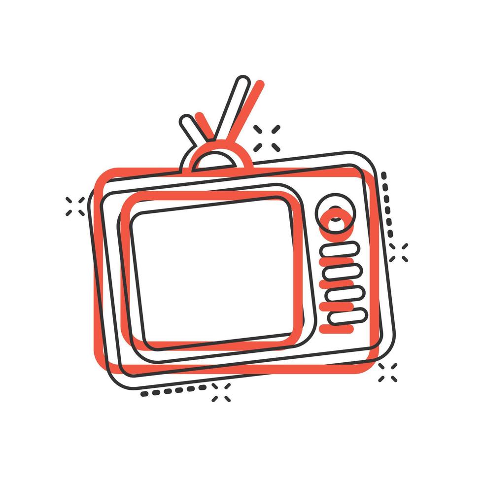 icono de tv en estilo cómico. ilustración de vector de signo de dibujos animados de televisión sobre fondo blanco aislado. concepto de negocio de efecto de salpicadura de canal de video.