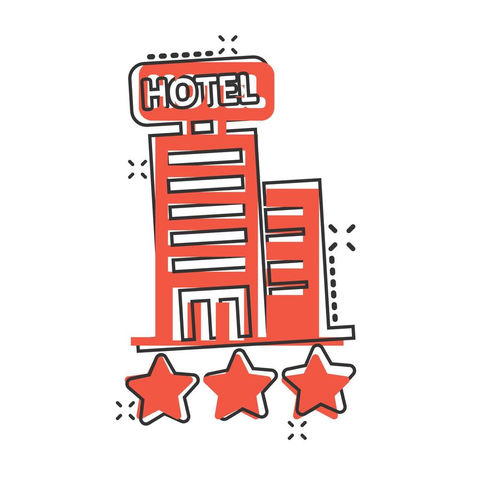 icono de signo de hotel 3 estrellas en estilo cómico. Posada edificio ilustración vectorial de dibujos animados sobre fondo blanco aislado. concepto de negocio de efecto de salpicadura de habitación de albergue. vector