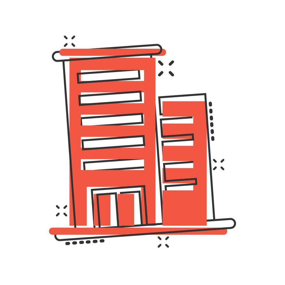 Building icon in comic style. Town skyscraper apartment cartoon vector illustration on white isolated background. City tower splash effect business concept.
