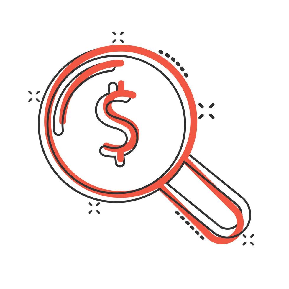 Magnifier glass with money icon in comic style. Dollar search cartoon vector illustration on white isolated background. Financial currency splash effect business concept.