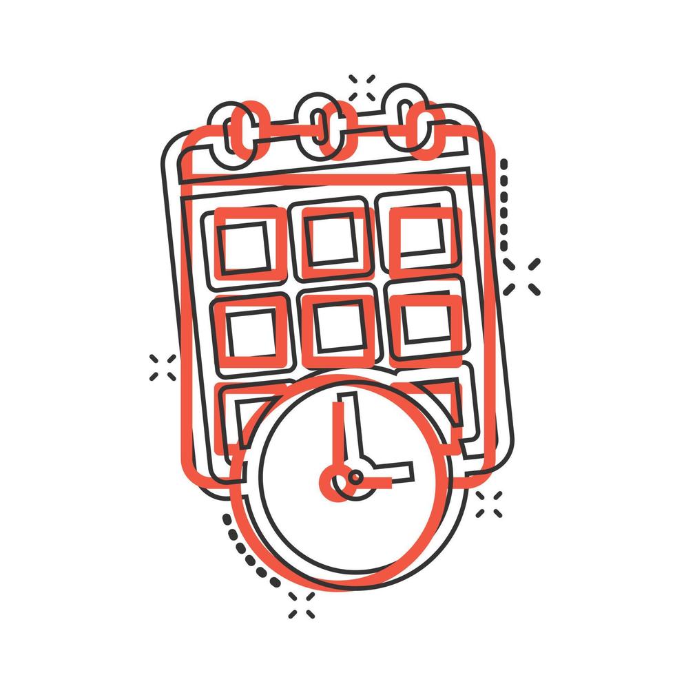 Calendar with clock icon in comic style. Agenda cartoon vector illustration on white isolated background. Schedule time planner splash effect business concept.