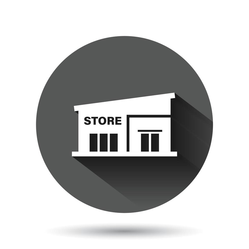 Mall icon in flat style. Store vector illustration on black round background with long shadow effect. Shop circle button business concept.