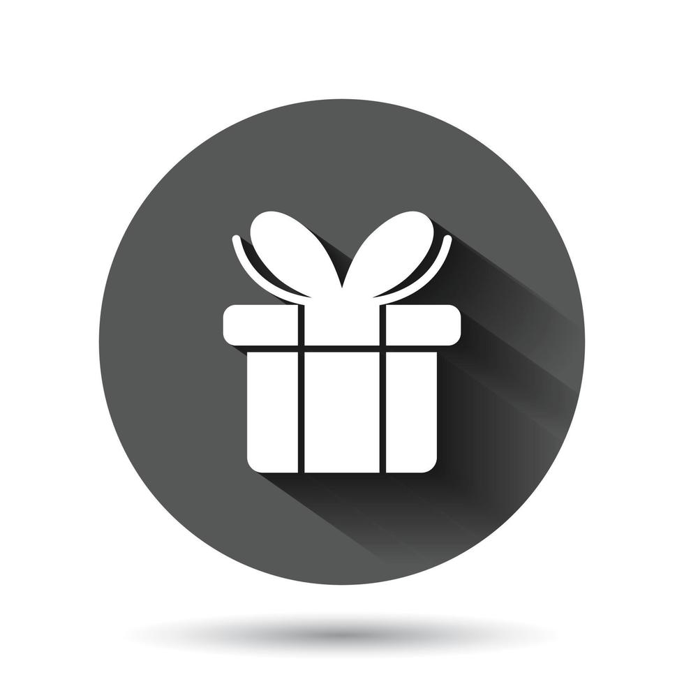 Gift box icon in flat style. Present package vector illustration on black round background with long shadow effect. Surprise circle button business concept.