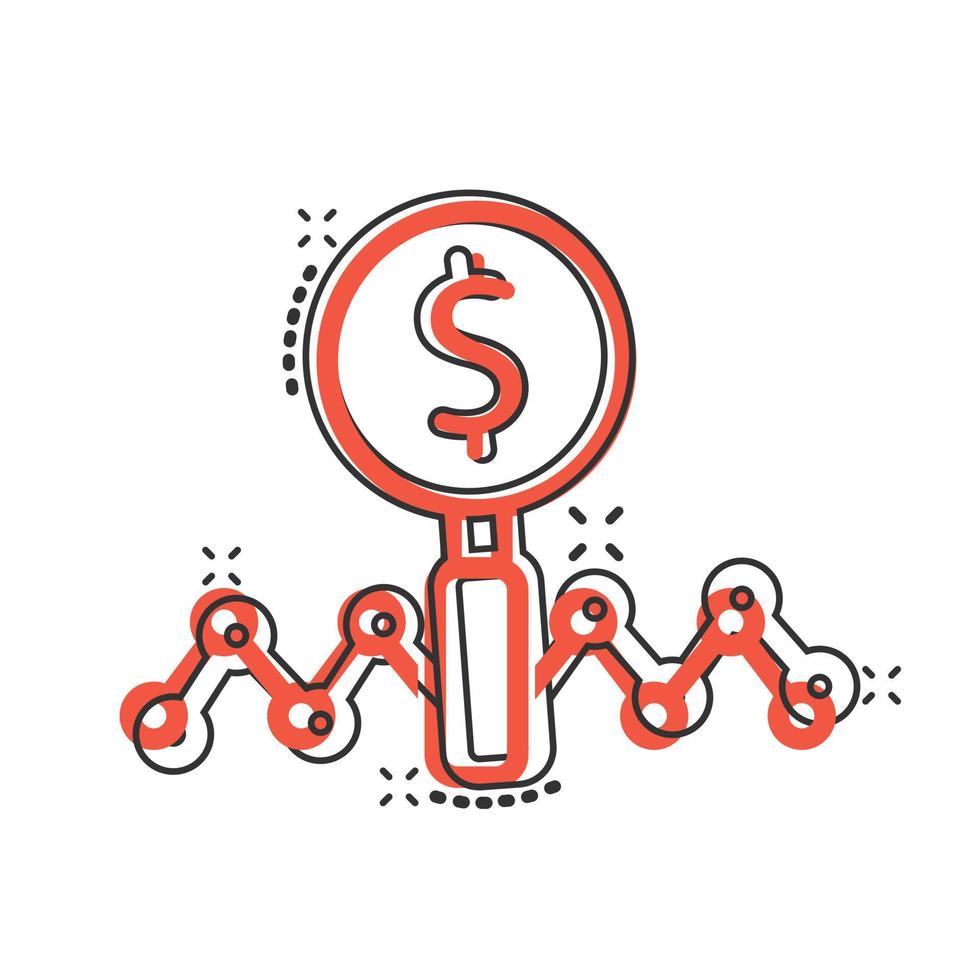 Magnifier glass with money icon in comic style. Dollar search cartoon vector illustration on white isolated background. Financial currency splash effect business concept.