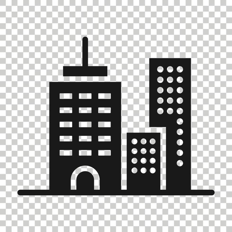 Building icon in flat style. Town skyscraper apartment vector illustration on white isolated background. City tower business concept.