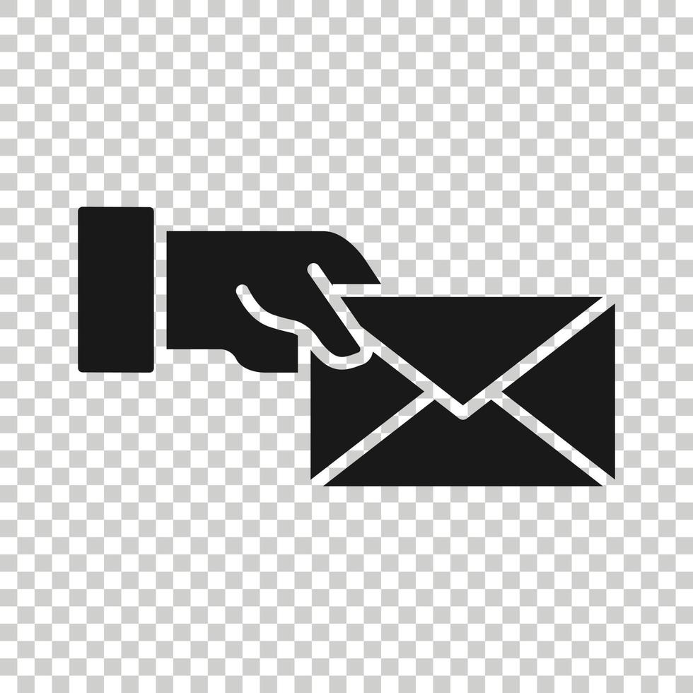 Hand with envelope icon in flat style. Mail letter delivery vector illustration on white isolated background. Receive document business concept.