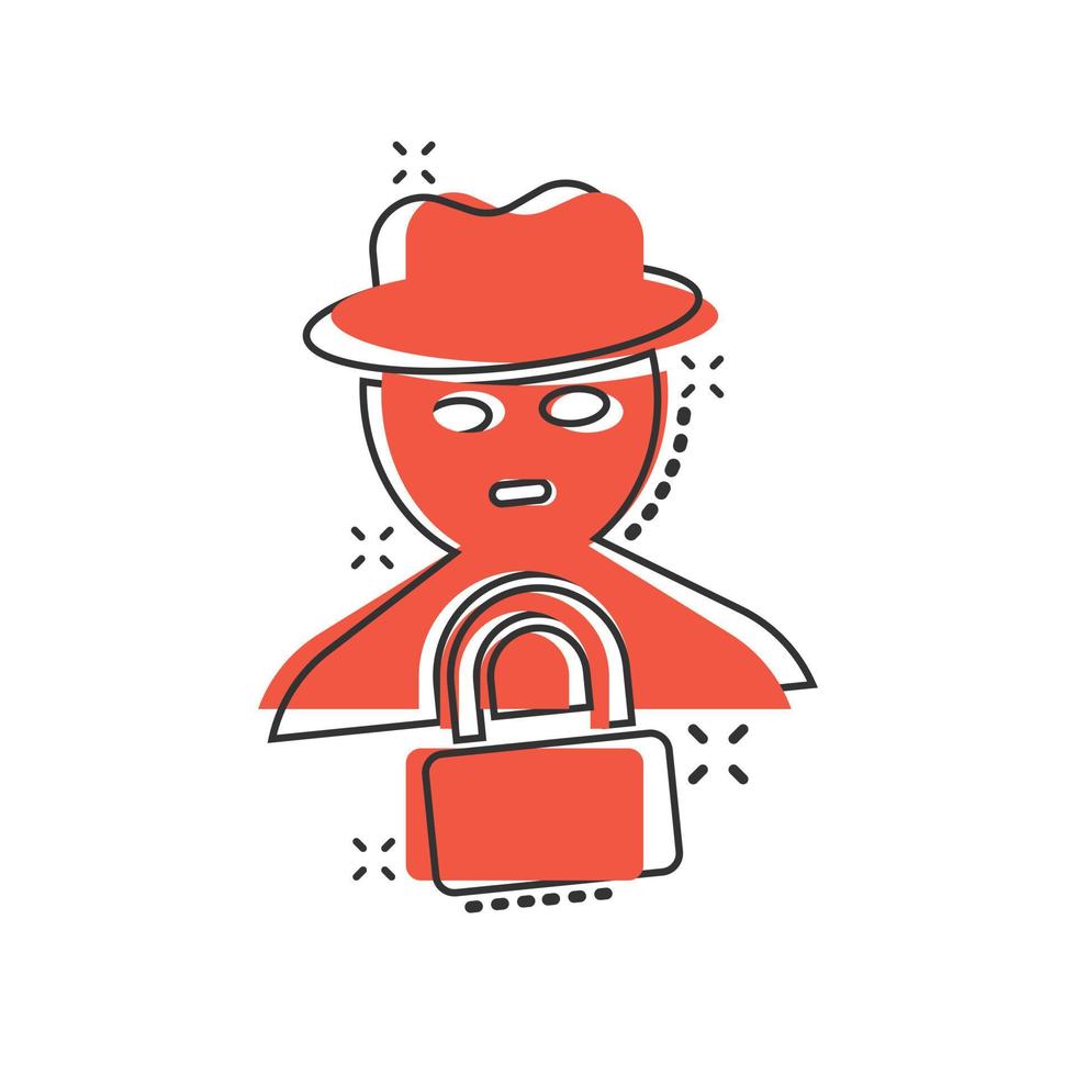 Fraud hacker icon in comic style. Spy cartoon vector illustration on isolated background. Cyber defend splash effect business concept.