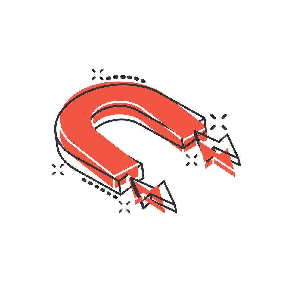 Magnet icon in comic style. Attract cartoon vector illustration on white isolated background. Electromagnetic splash effect business concept.