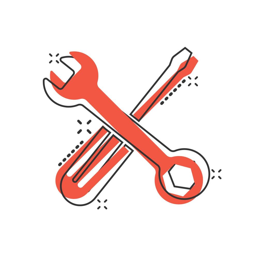 Wrench and screwdriver icon in comic style. Spanner key cartoon vector illustration on white isolated background. Repair equipment splash effect business concept.