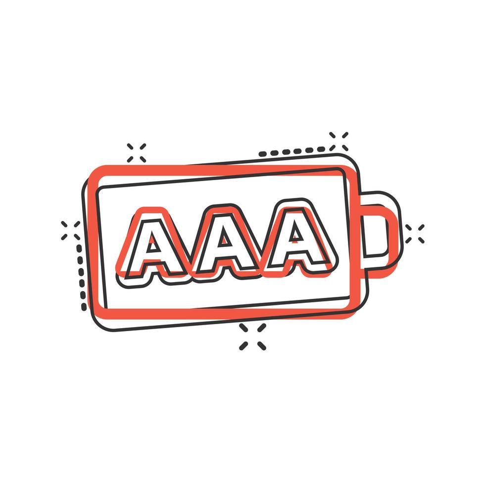 AAA battery icon in comic style. Power level cartoon vector illustration on white isolated background. Lithium accumulator splash effect business concept.