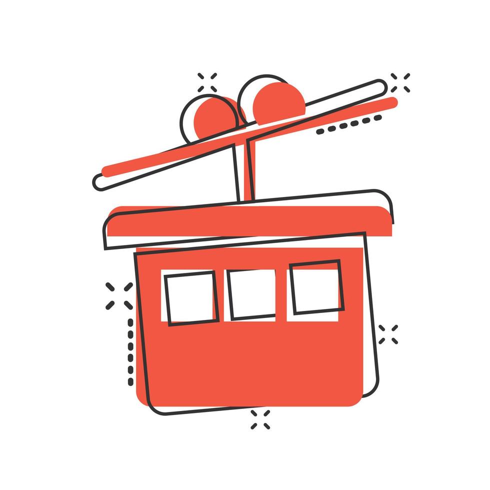 Cable car icon in comic style. Elevator cabin cartoon vector illustration on white isolated background. Cableway splash effect business concept.