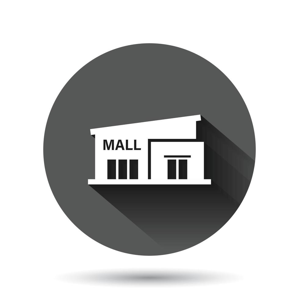 icono de centro comercial en estilo plano. almacenar ilustración vectorial sobre fondo redondo negro con efecto de sombra larga. concepto de negocio de botón de círculo de tienda. vector