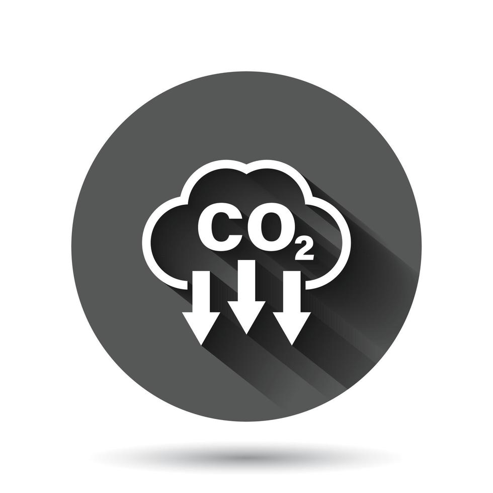 Co2 icon in flat style. Emission vector illustration on black round background with long shadow effect. Gas reduction circle button business concept.