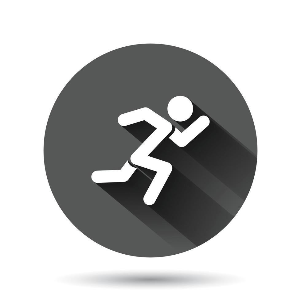 Run people icon in flat style. Jump vector illustration on black round background with long shadow effect. Fitness circle button business concept.