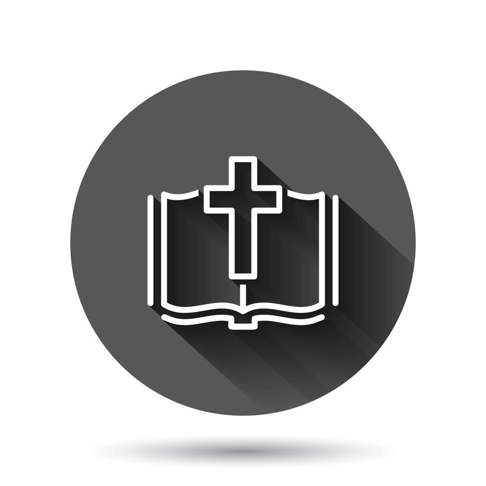 icono de libro de la biblia en estilo plano. ilustración de vector de fe de la iglesia sobre fondo redondo negro con efecto de sombra larga. concepto de negocio de botón de círculo de espiritualidad.