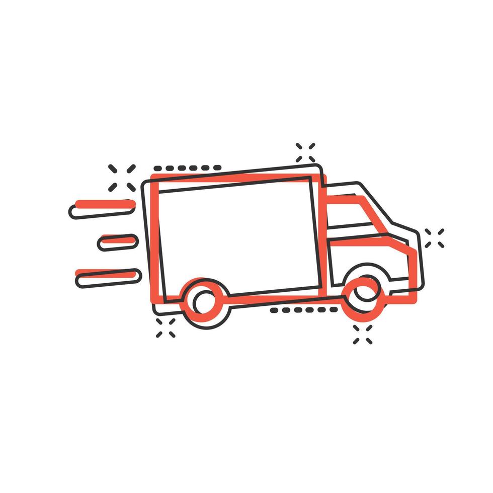 Truck icon in comic style. Auto delivery cartoon vector illustration on white isolated background. Lorry automobile splash effect business concept.