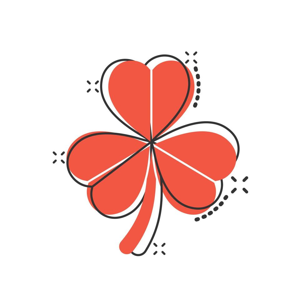 Four leaf clover icon in comic style. St Patricks Day cartoon vector illustration on white isolated background. Flower shape splash effect business concept.