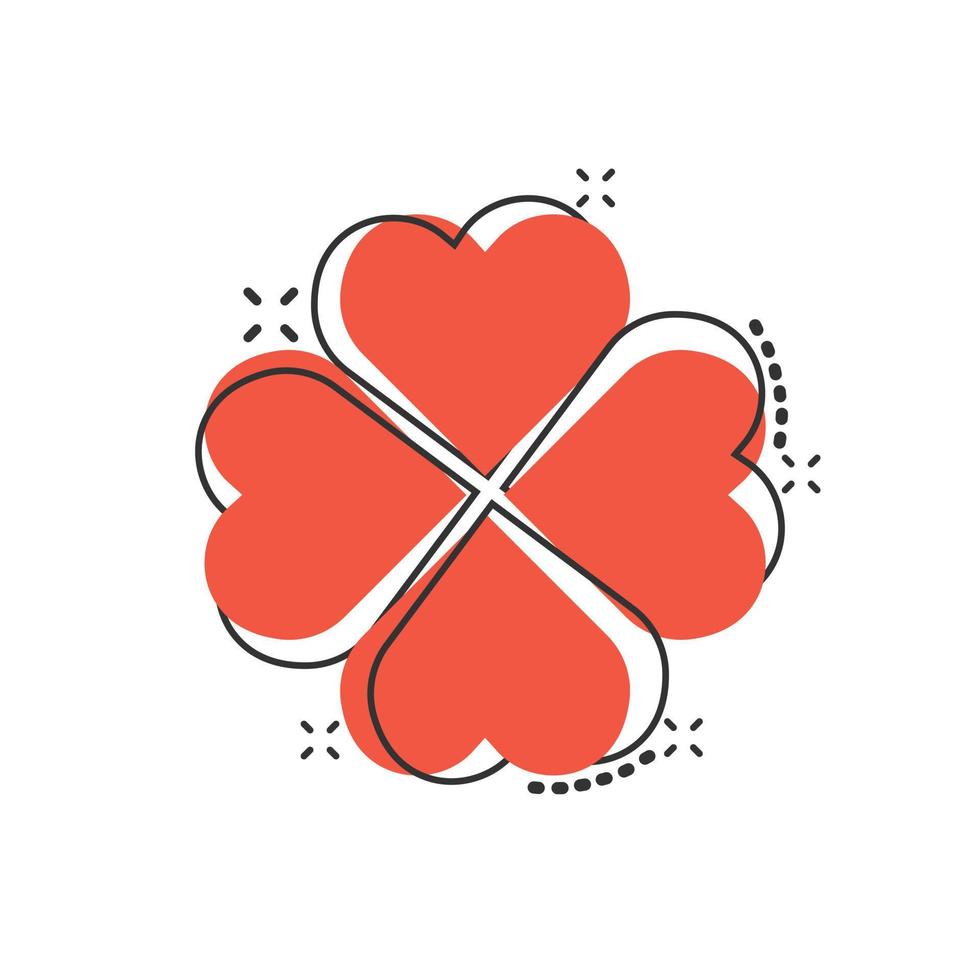 Four leaf clover icon in comic style. St Patricks Day cartoon vector illustration on white isolated background. Flower shape splash effect business concept.