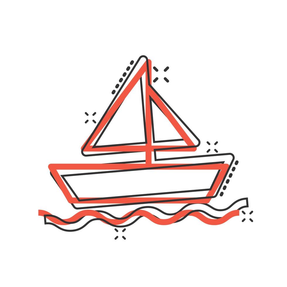 Tourism ship icon in comic style. Fishing boat cartoon vector illustration on white isolated background. Tanker destination splash effect business concept.