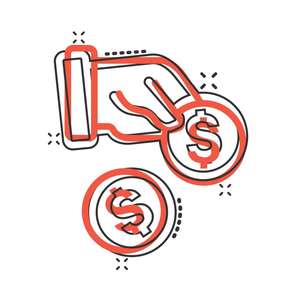 Remuneration icon in comic style. Money in hand cartoon vector illustration on white isolated background. Coin payroll splash effect business concept.