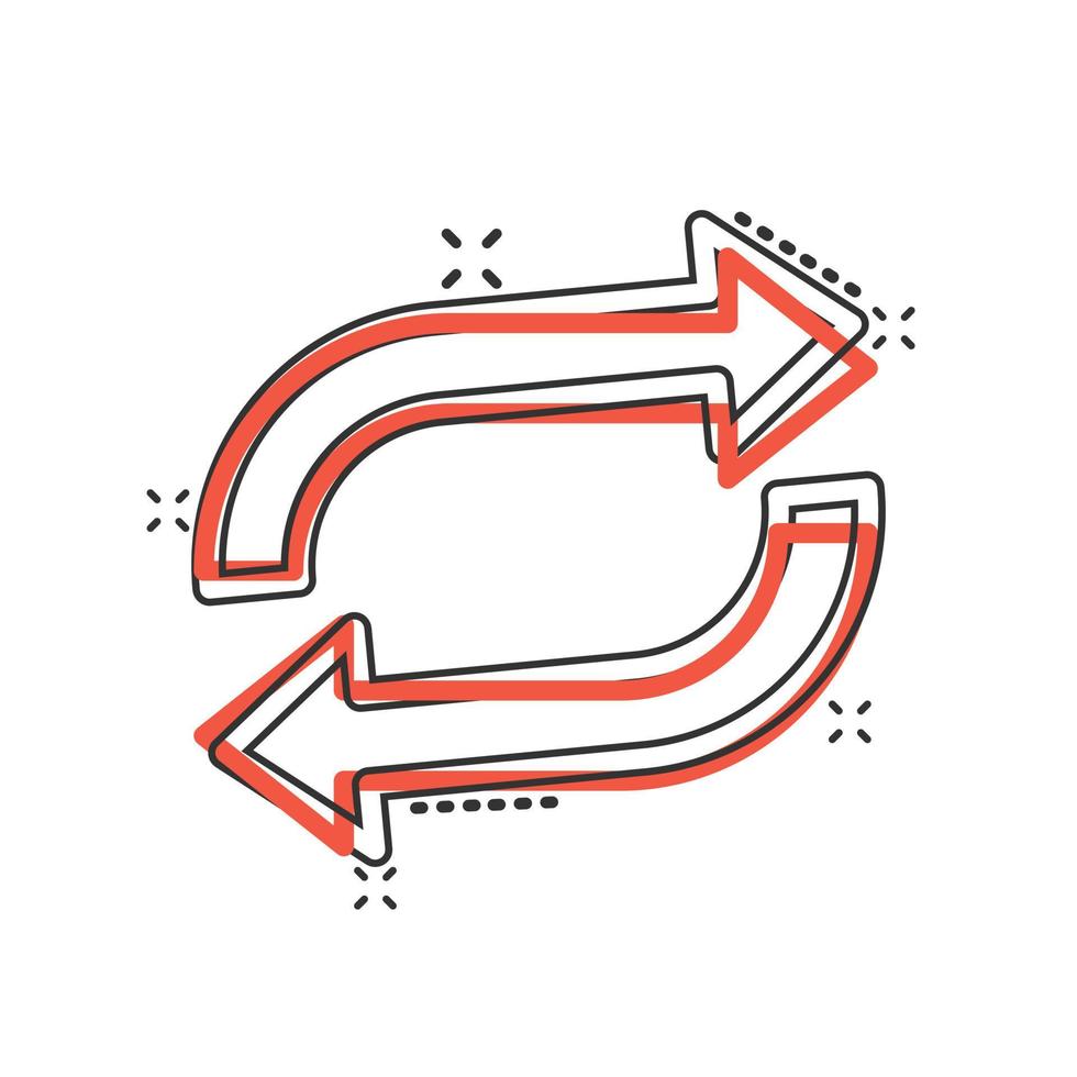 Arrow rotation icon in comic style. Sync action cartoon vector illustration on white isolated background. Refresh button splash effect business concept.