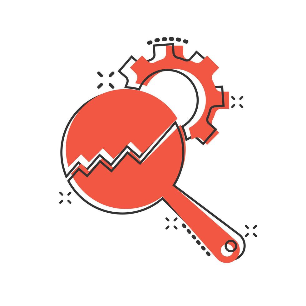Loupe with gear icon in comic style. Magnifying glass cartoon vector illustration on white isolated background. Seo exploration splash effect business concept.