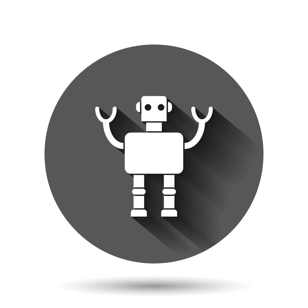 Cute robot chatbot icon in flat style. Bot operator vector illustration on black round background with long shadow effect. Smart chatbot character circle button business concept.