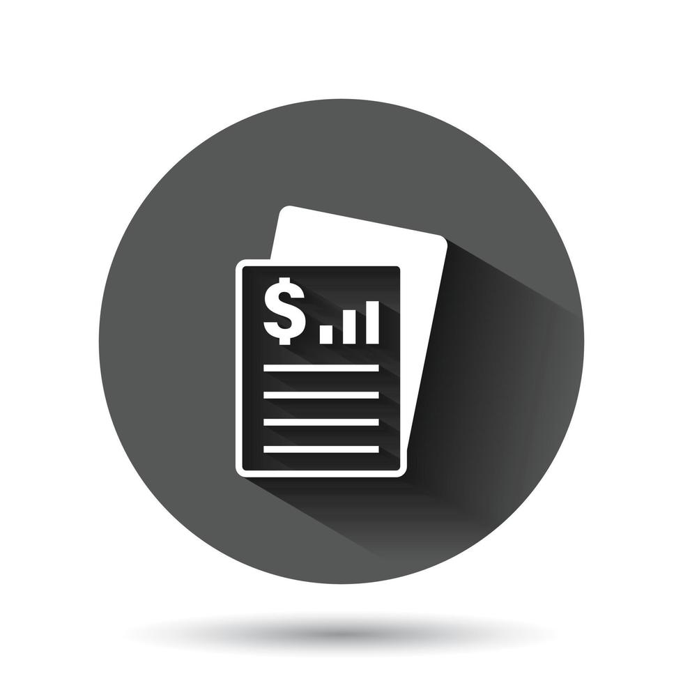 Financial statement icon in flat style. Document vector illustration on black round background with long shadow effect. Report circle button business concept.