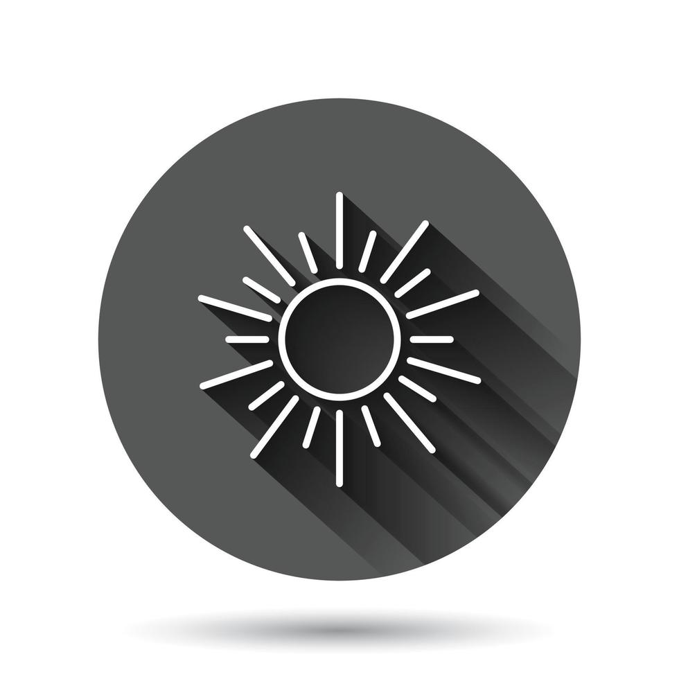 Sun icon in flat style. Sunlight sign vector illustration on black round background with long shadow effect. Daylight circle button business concept.