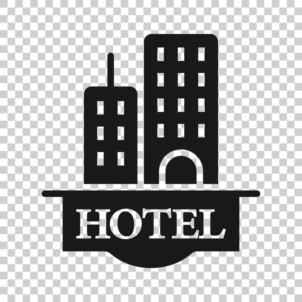 Hotel sign icon in flat style. Inn building vector illustration on white isolated background. Hostel room business concept.