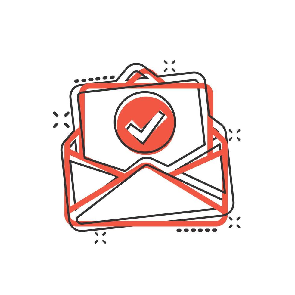 Envelope with confirmed document icon in comic style. Verify cartoon vector illustration on white isolated background. Receive splash effect business concept.