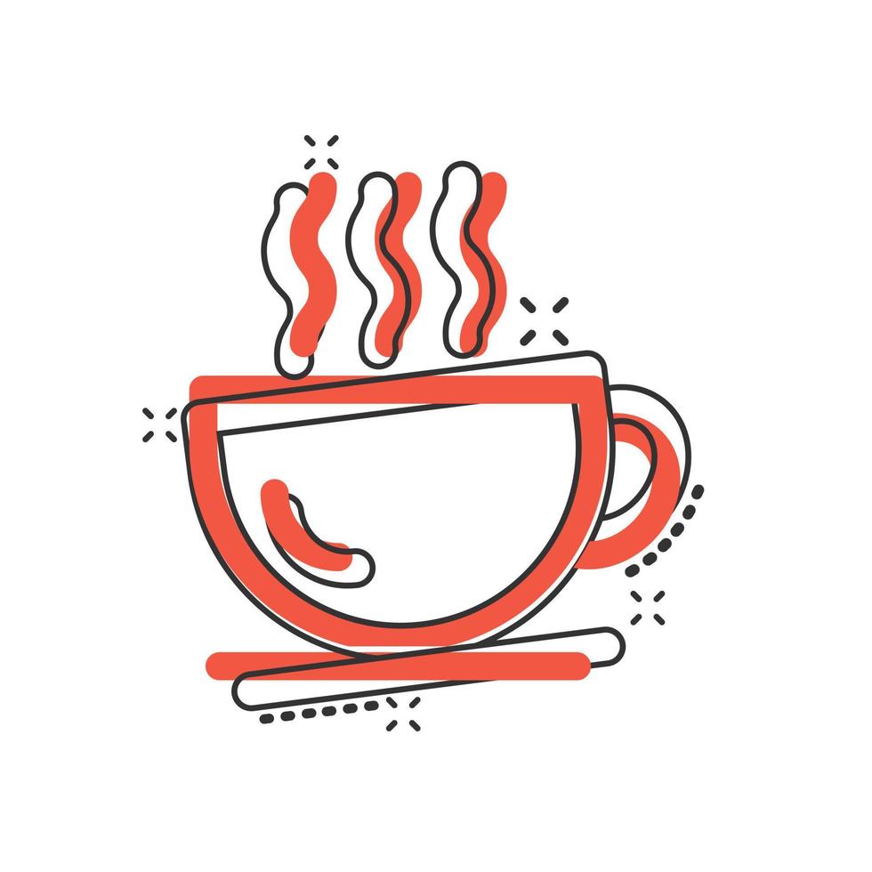 icono de la taza de café en estilo cómico. ilustración de vector de dibujos animados de té caliente sobre fondo blanco aislado. concepto de negocio de efecto de salpicadura de taza de bebida.