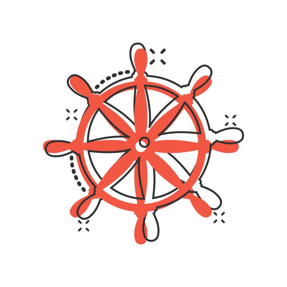 Helm wheel icon in comic style. Navigate steer cartoon vector illustration on white isolated background. Ship drive splash effect business concept.