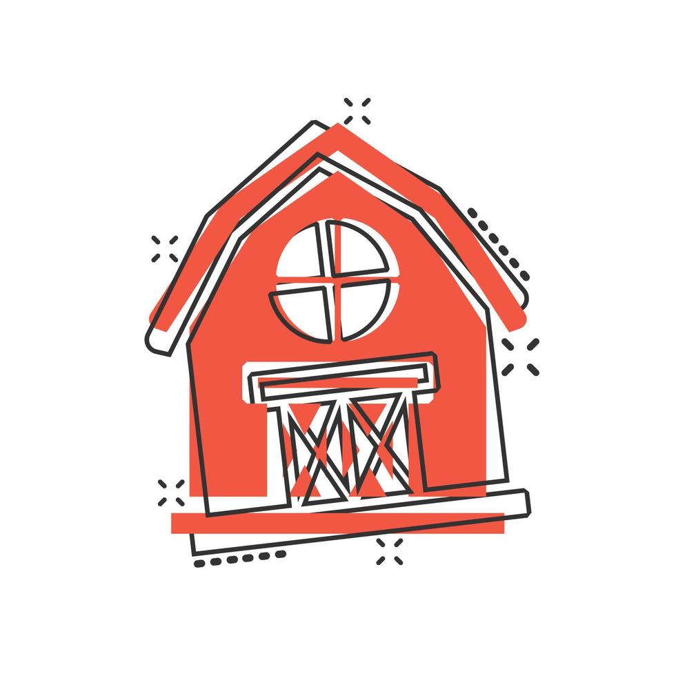 Barn icon in comic style. Farm house cartoon vector illustration on white isolated background. Agriculture storehouse splash effect business concept.