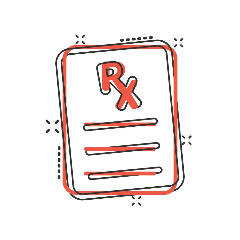 Prescription icon in comic style. Rx document cartoon vector illustration on white isolated background. Paper splash effect business concept.